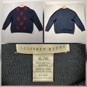 Geoffrey Beene Argyle Sweater Men's XL Navy Red Cotton Knit